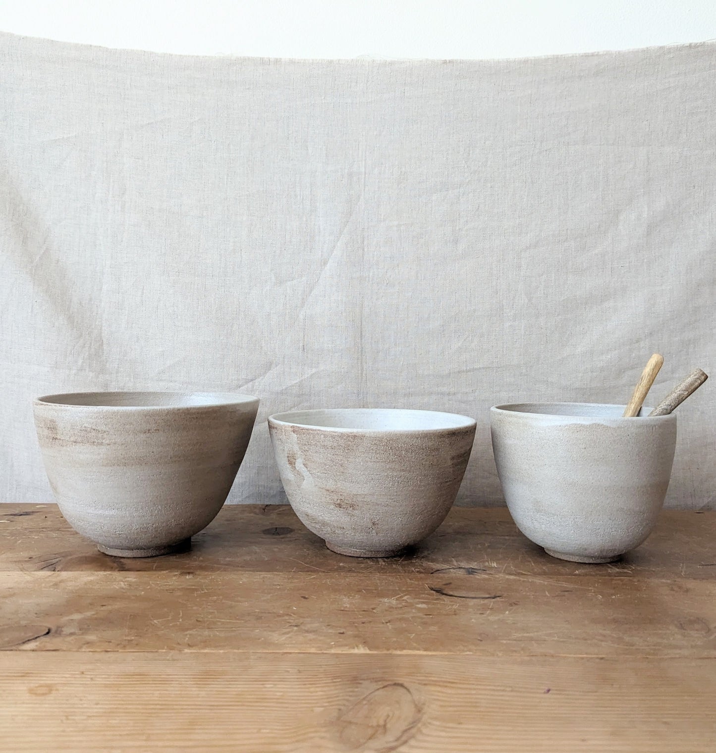 Handmade Mixing Bowls - White Wash over Brown Clay