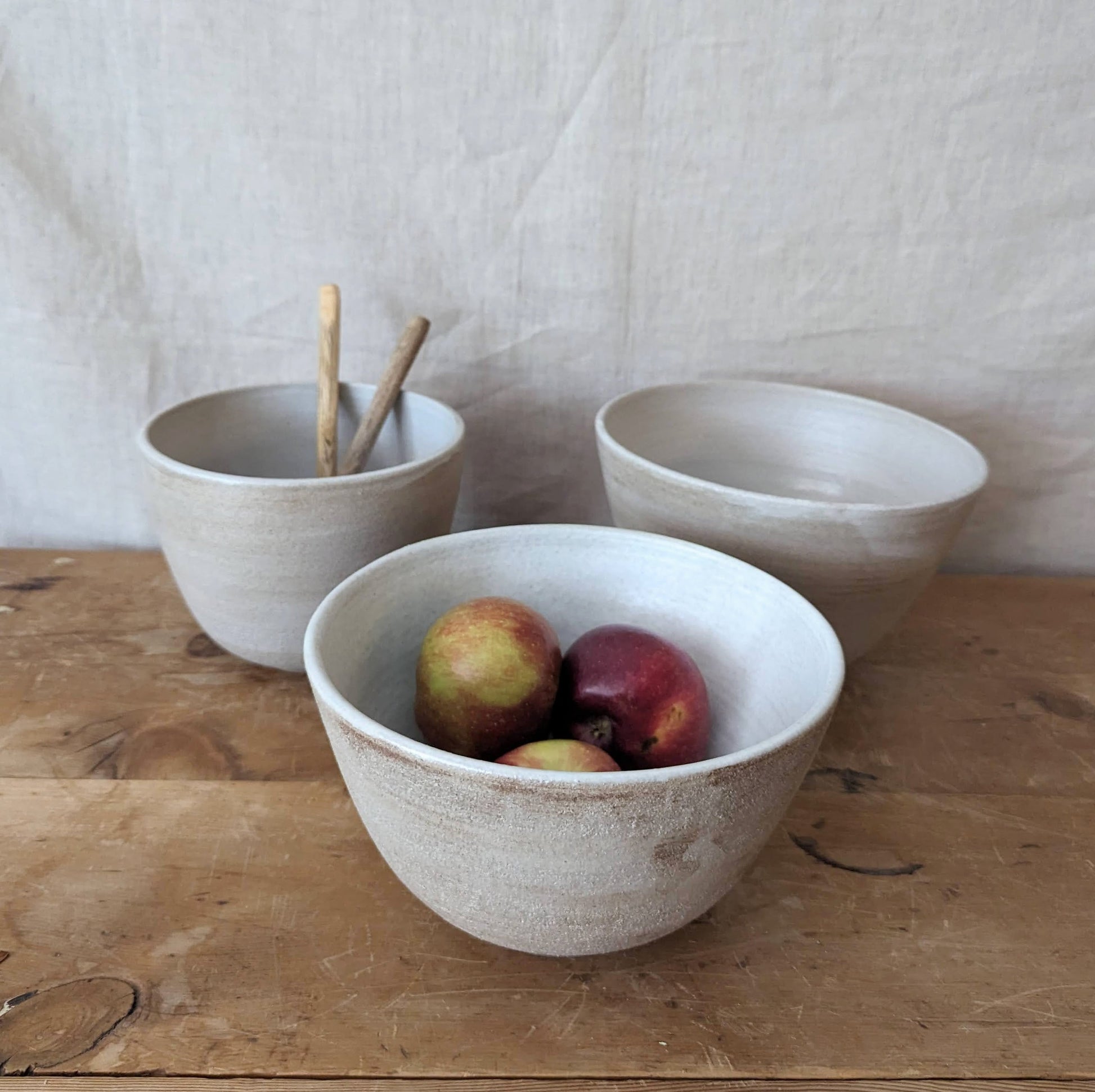 Handmade Mixing Bowls - White Wash over Brown Clay